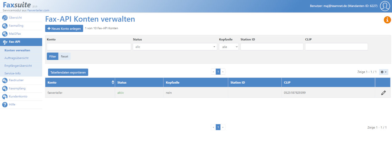 Screenshot Faxsuite: Fax-API Konto bearbeiten